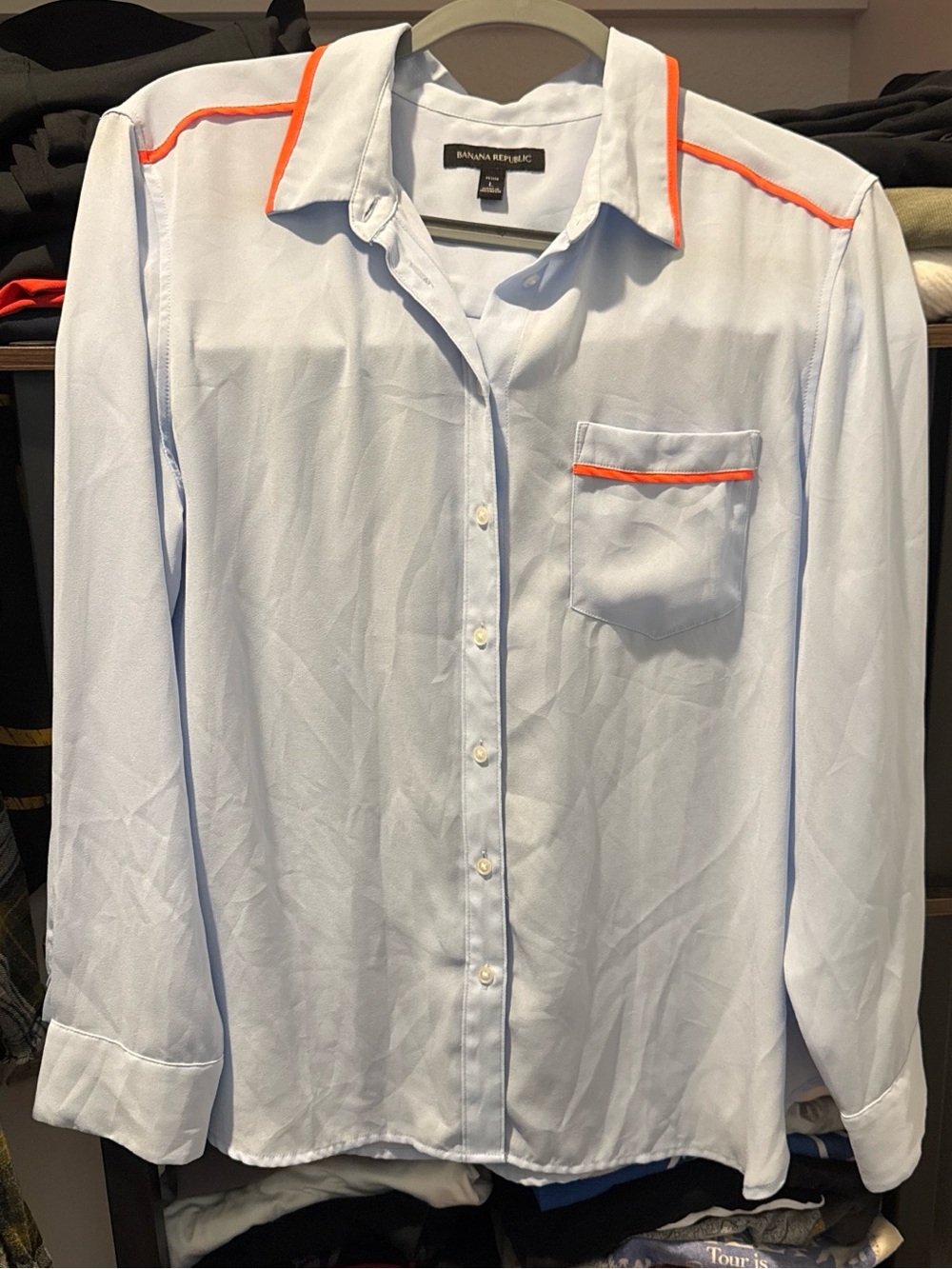 Banana Republic Women’s Light Blue Button-Up Shirt with Orange Trim